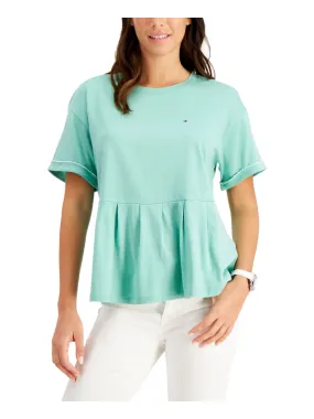 Tommy Hilfiger women's green peplum top with short sleeves and crew neck