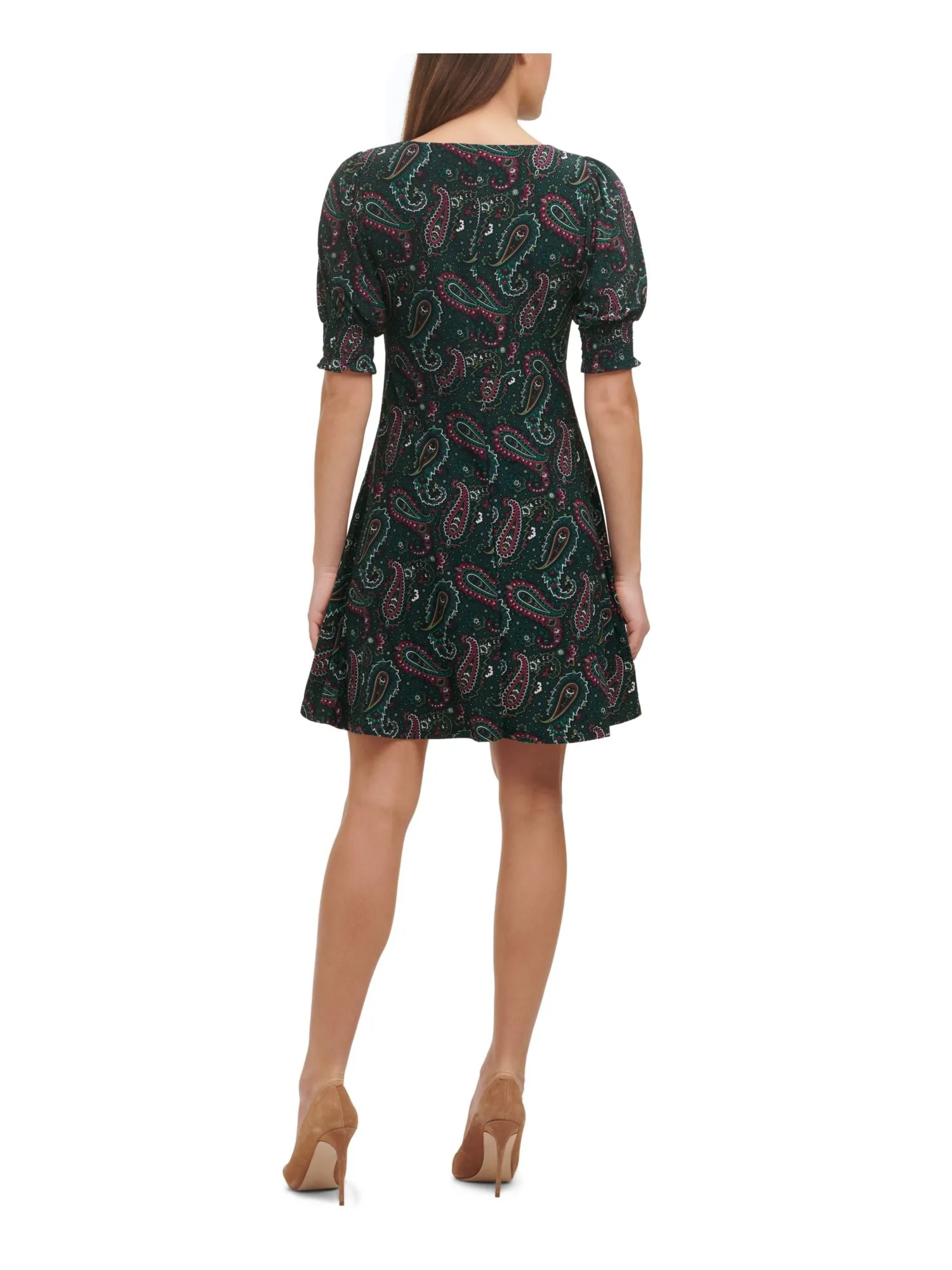 Tommy Hilfiger Women's Green Stretch Smocked Paisley Shift Dress + Round Neck + Zip Closure