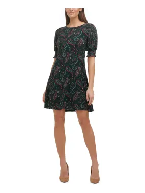 Tommy Hilfiger Women's Green Stretch Smocked Paisley Shift Dress + Round Neck + Zip Closure