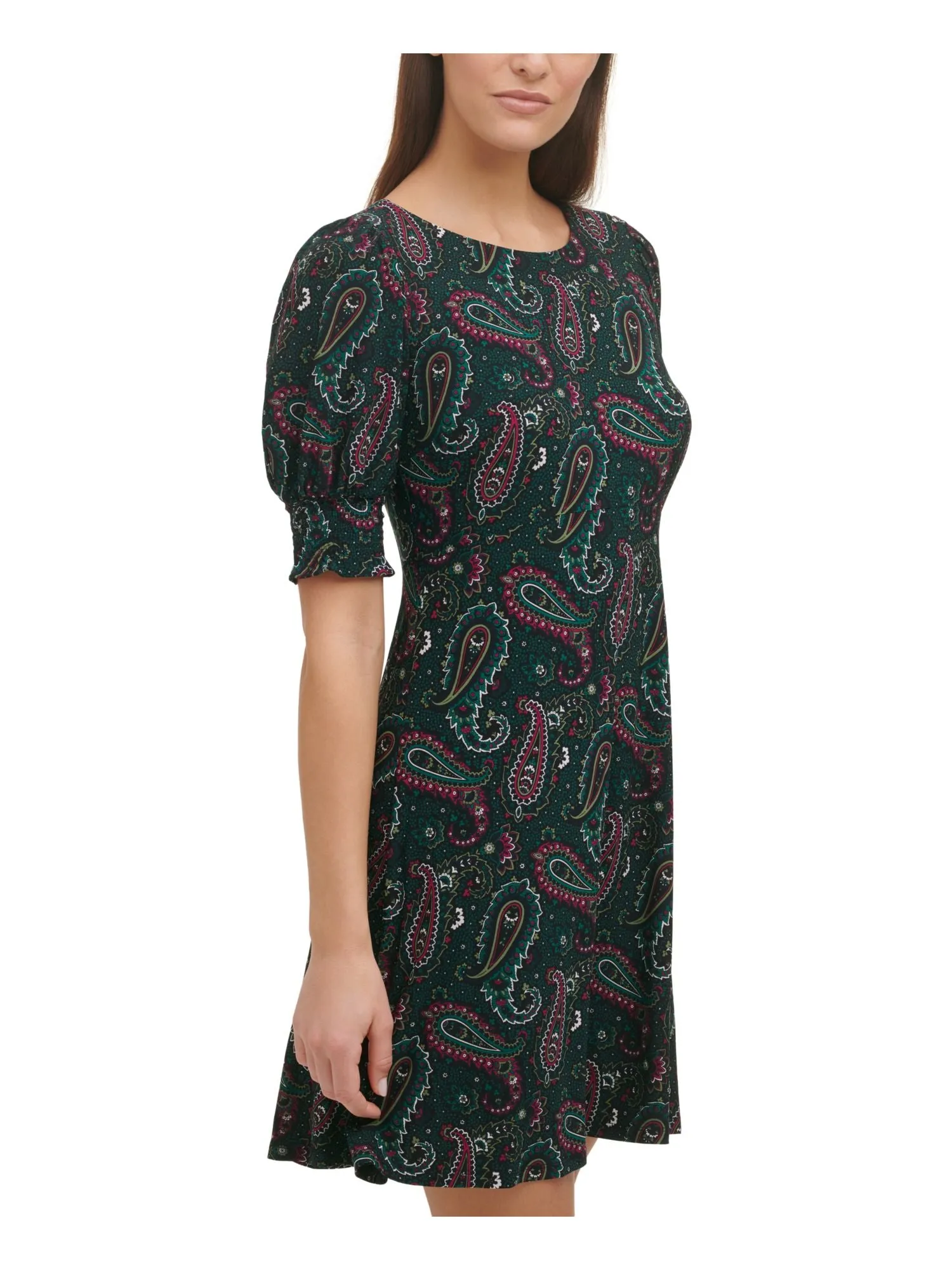 Tommy Hilfiger Women's Green Stretch Smocked Paisley Shift Dress + Round Neck + Zip Closure