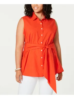 Tommy Hilfiger Women's Orange Sleeveless Collared Button Up Top.