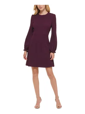 Tommy Hilfiger Women's Purple Zippered Ruffled Textured Darted Houndstooth Long Sleeve Round Neck Above The Knee Dress