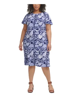 Tommy Hilfiger Women's Stretch Printed Flutter Sleeve Round Neck Knee Length Work Shift Dress