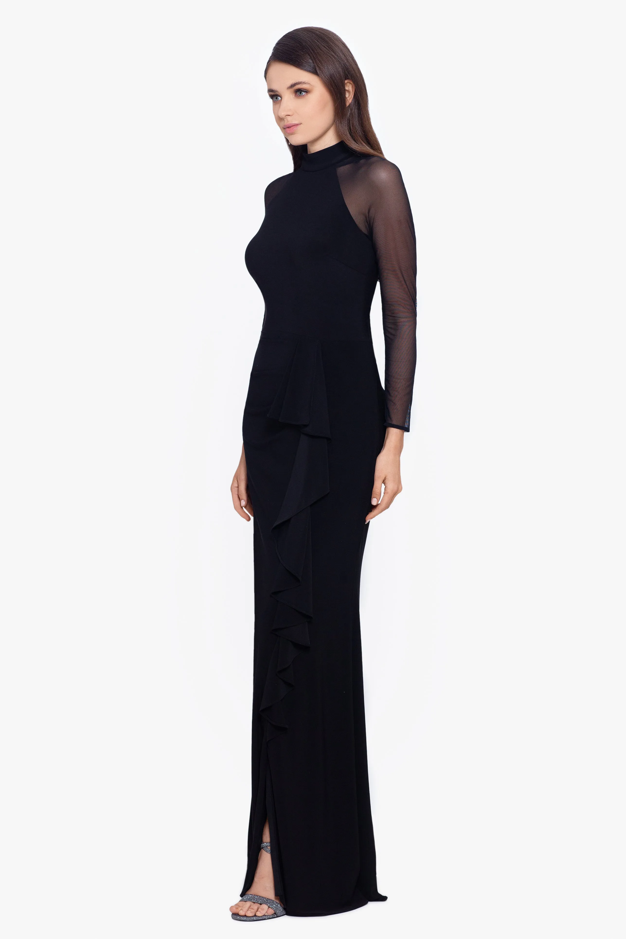 Valerie Long Dress with Mock Neck and Long Sleeves in Mesh