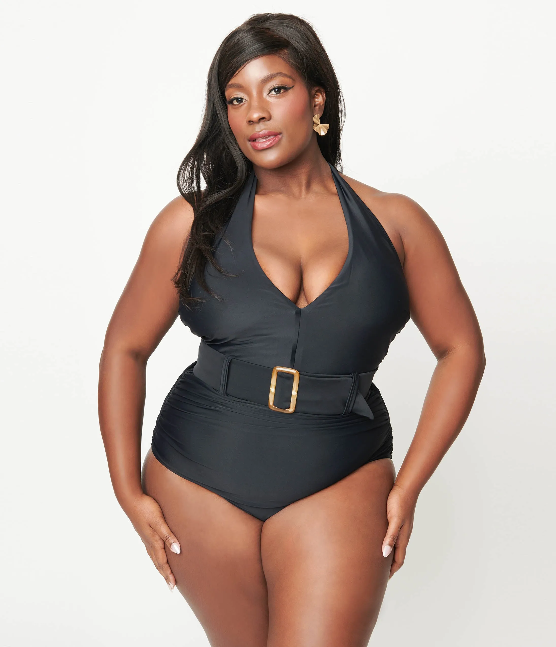 Vintage black plus size halter swimsuit with belt.