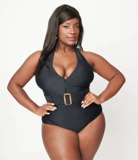 Vintage black plus size halter swimsuit with belt.