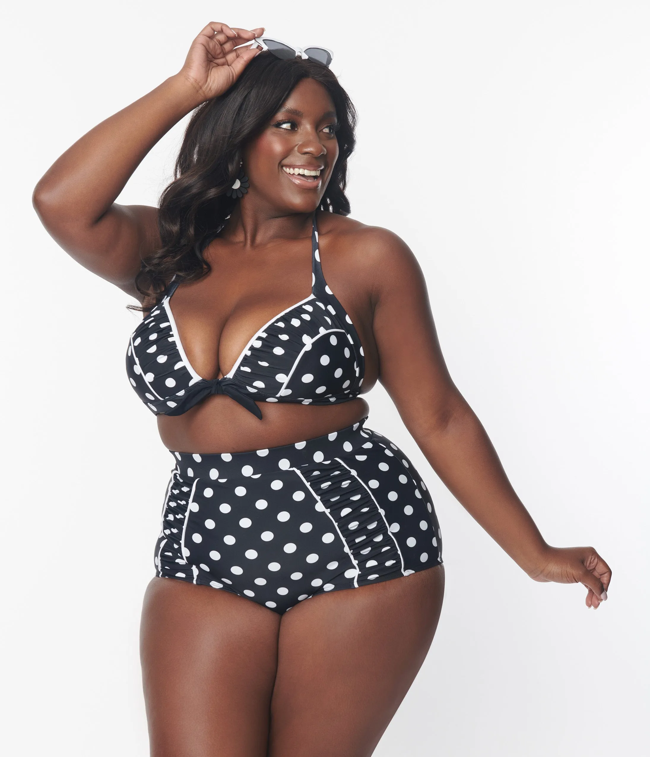 Vintage Plus Size Black White Polka Dot Halter Swimsuit Top