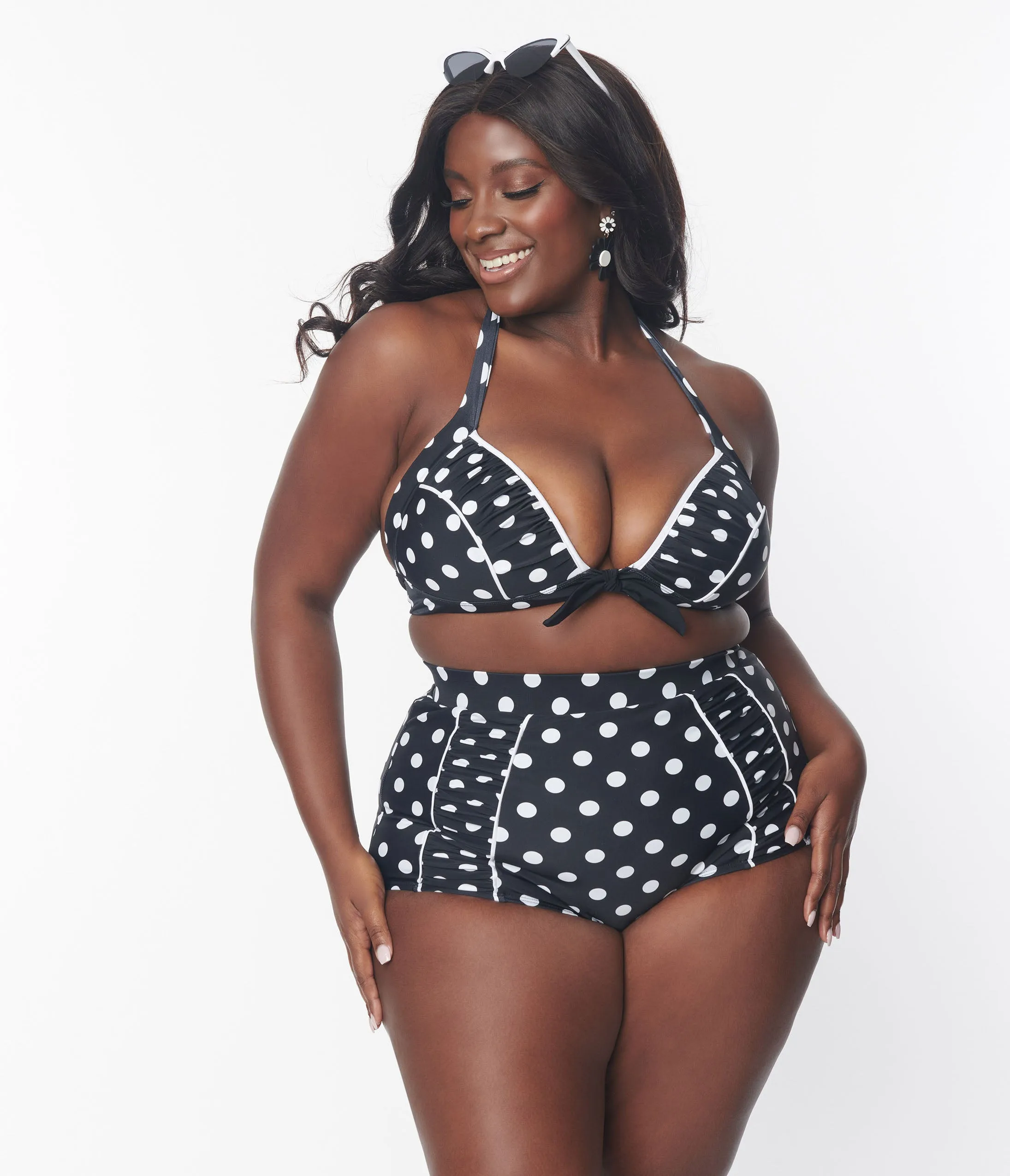 Vintage Plus Size Black White Polka Dot Halter Swimsuit Top