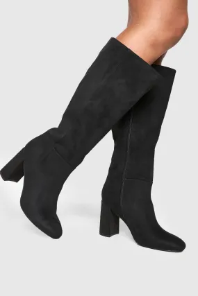 Wide Width Panel Detail Heeled Knee High Boots