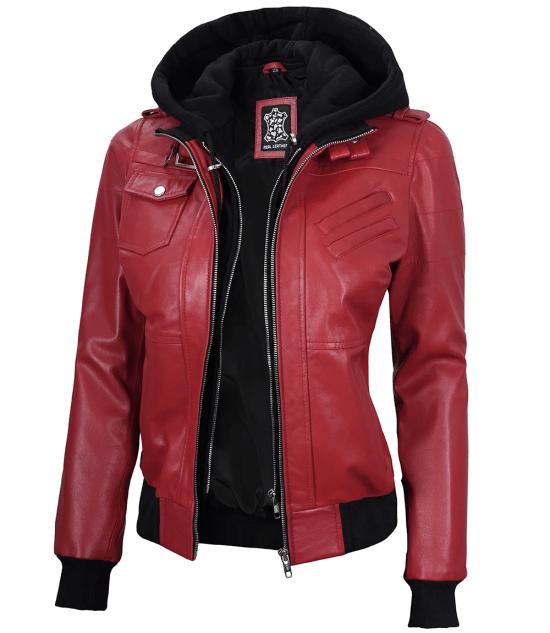 Women's Red Leather Jacket with Removable Hood