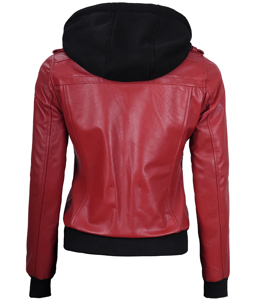 Women's Red Leather Jacket with Removable Hood