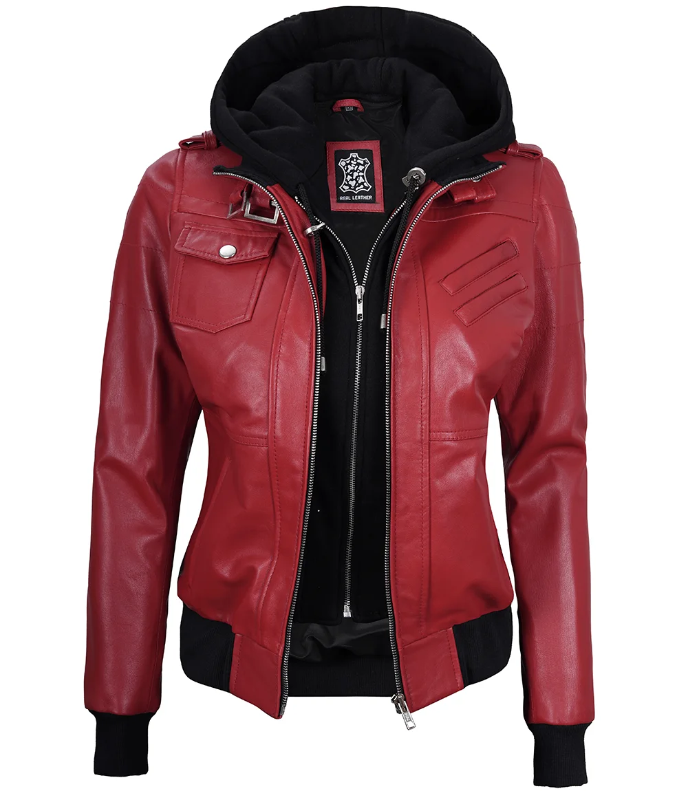 Women's Red Leather Jacket with Removable Hood