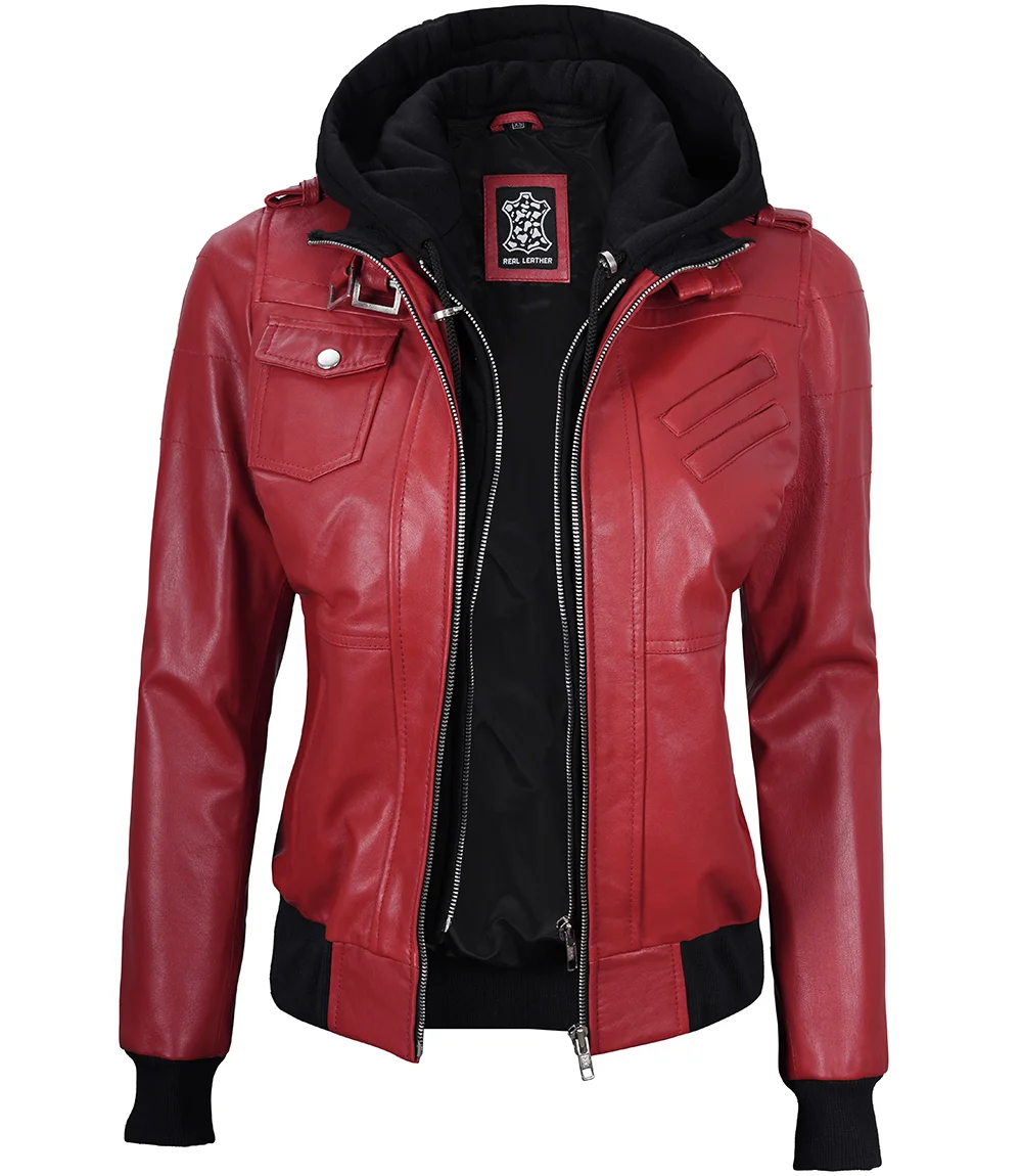 Women's Red Leather Jacket with Removable Hood