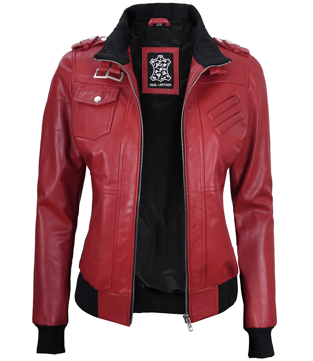 Women's Red Leather Jacket with Removable Hood