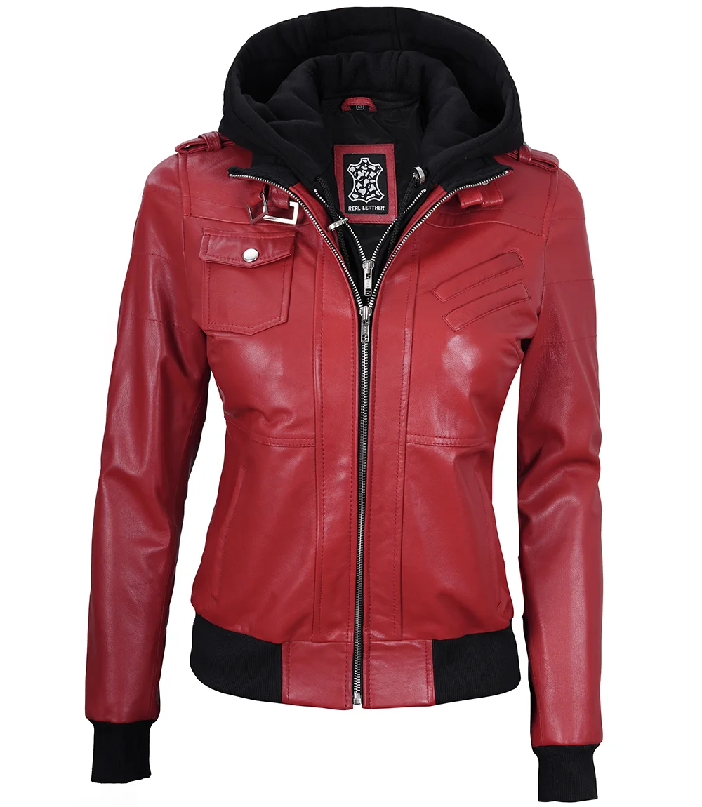 Women's Red Leather Jacket with Removable Hood