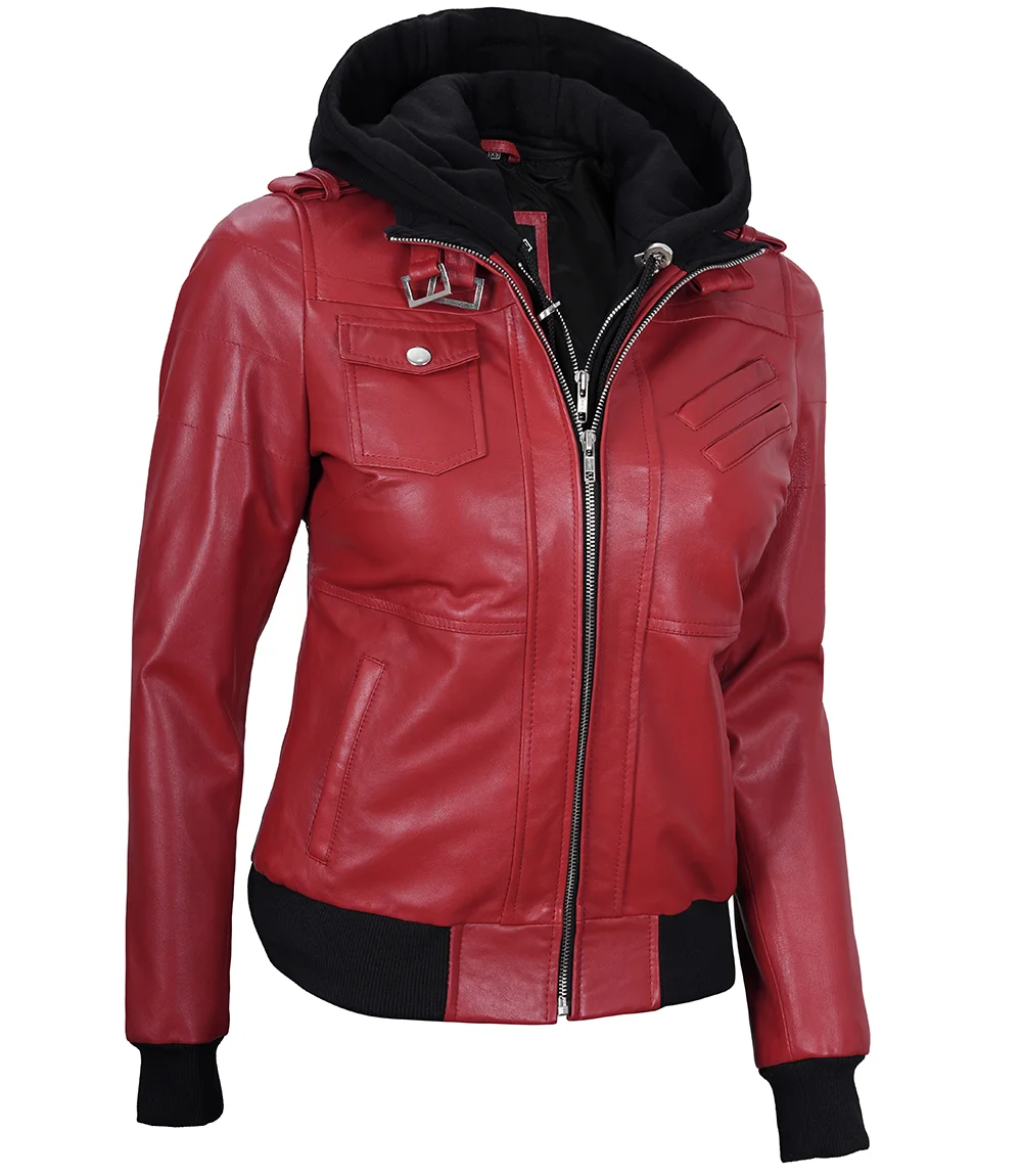 Women's Red Leather Jacket with Removable Hood