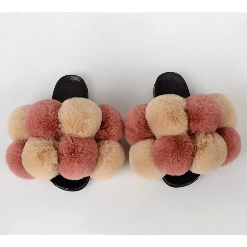 Women's Summer Fashion Indoor Big Flat Synthetic Fur Slides Flip Flop Slippers