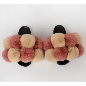 Women's Summer Fashion Indoor Big Flat Synthetic Fur Slides Flip Flop Slippers