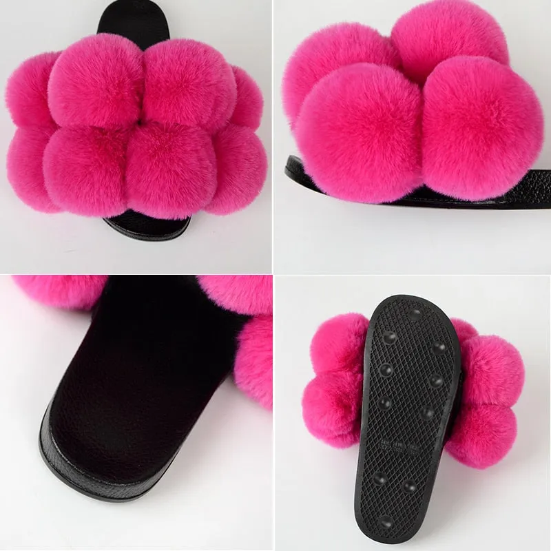 Women's Summer Fashion Indoor Big Flat Synthetic Fur Slides Flip Flop Slippers