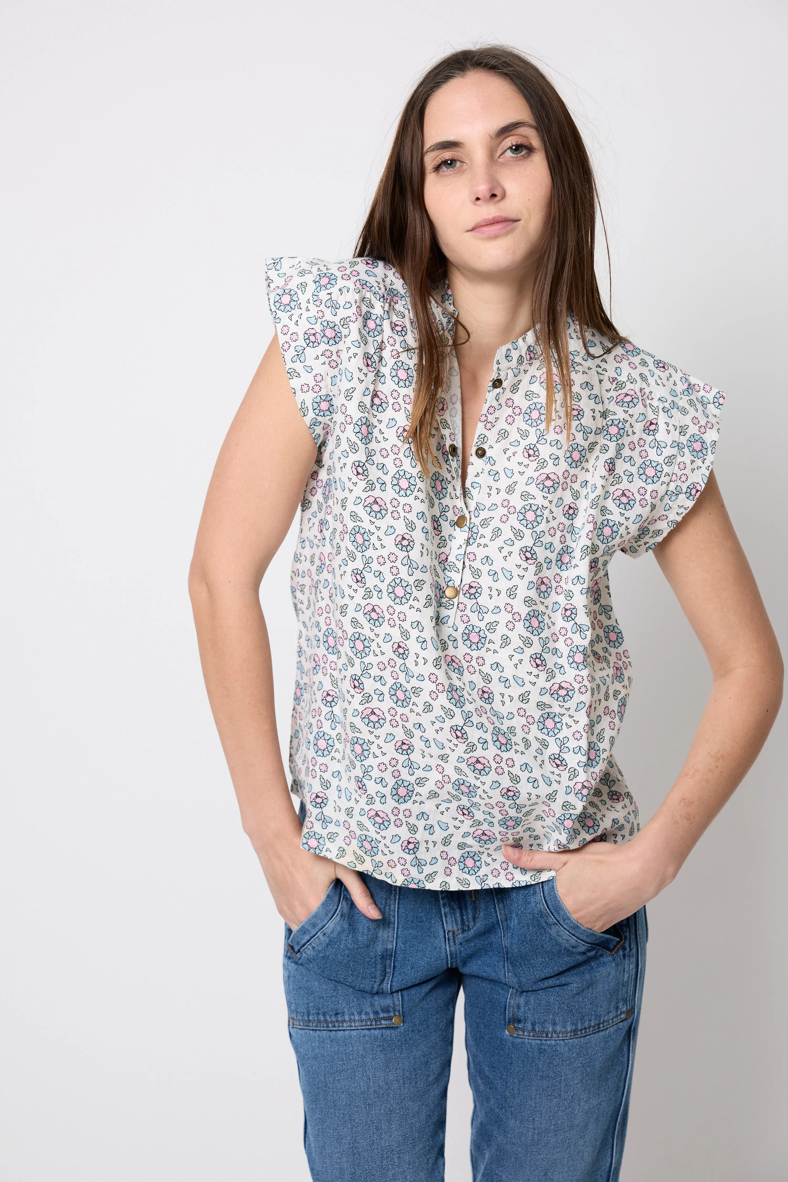 Woodblock Print Placket Top